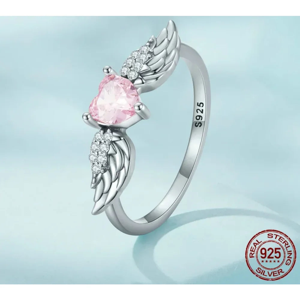 925 Sterling Silver Pink Heart Zircon Ring for Women - Love & Wing - Rings