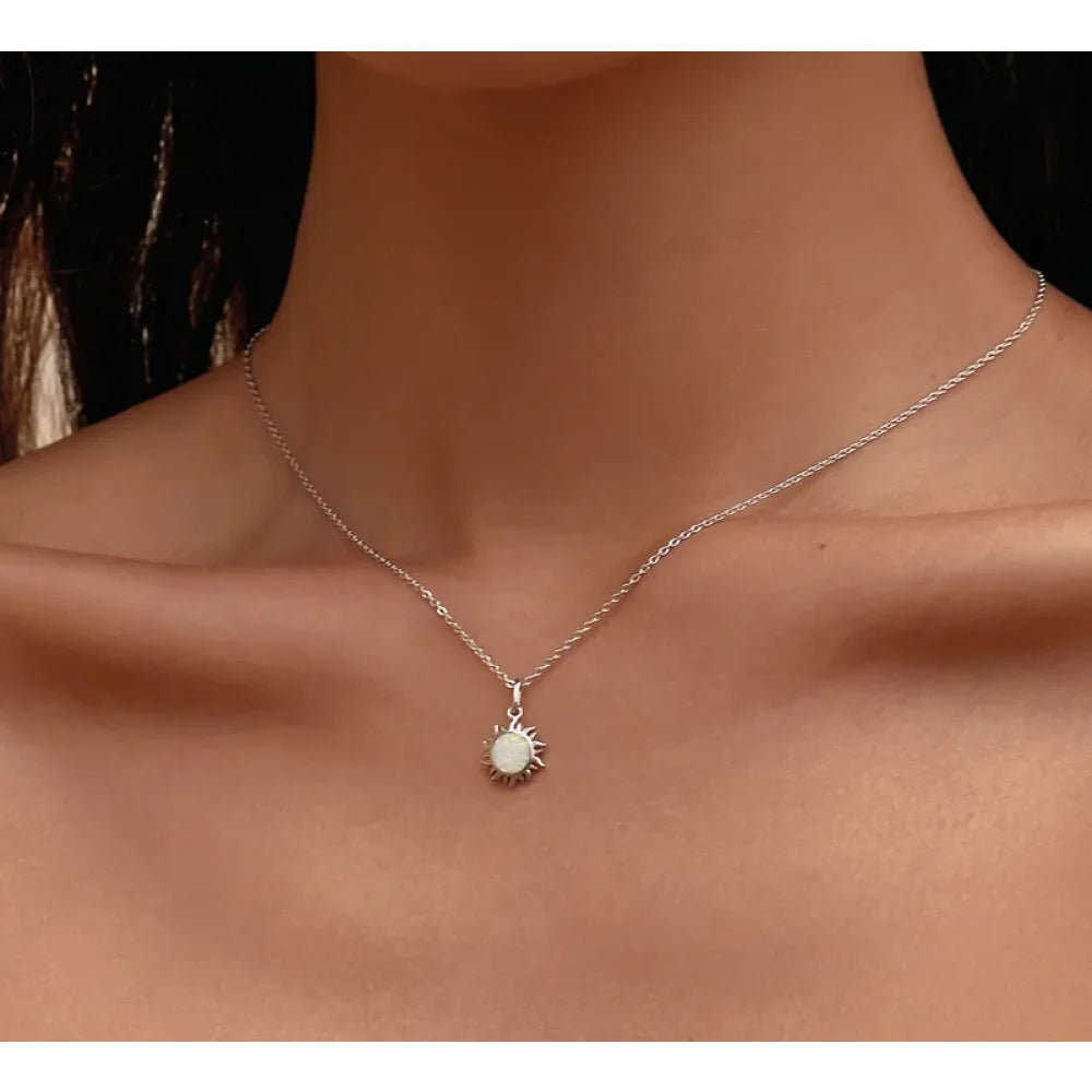 925 Sterling Silver White Opal Sun Pendant Necklace - Apollo Chain for Women - Necklaces