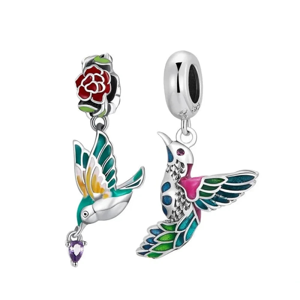 Springtime Charm - Sterling Silver Flower & Bird Pendant for Bracelets - Charms