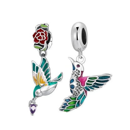 Springtime Charm - Sterling Silver Flower & Bird Pendant for Bracelets - Charms