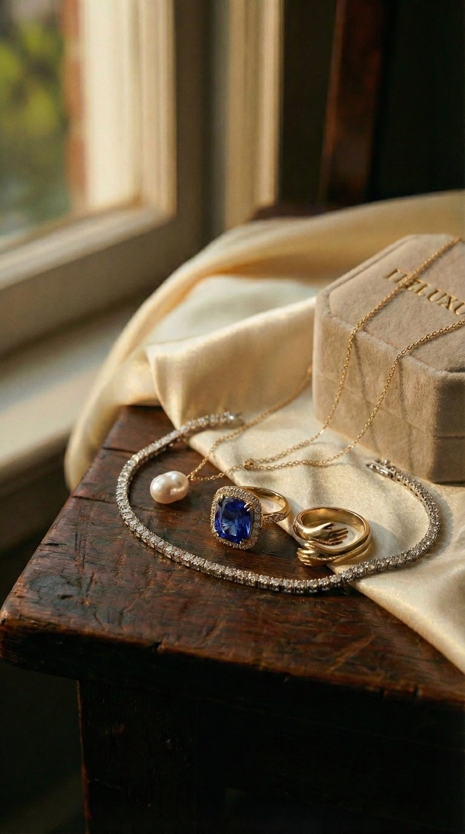 A vertical shot of a vintage-inspired jewelry display on a dark wood stool near a window. Golden sunlight highlights a beige velvet box and cream silk cloth holding a collection of accessories: a diamond tennis bracelet, a pearl pendant necklace, a statement blue sapphire ring, and a gold hugging-hands ring.