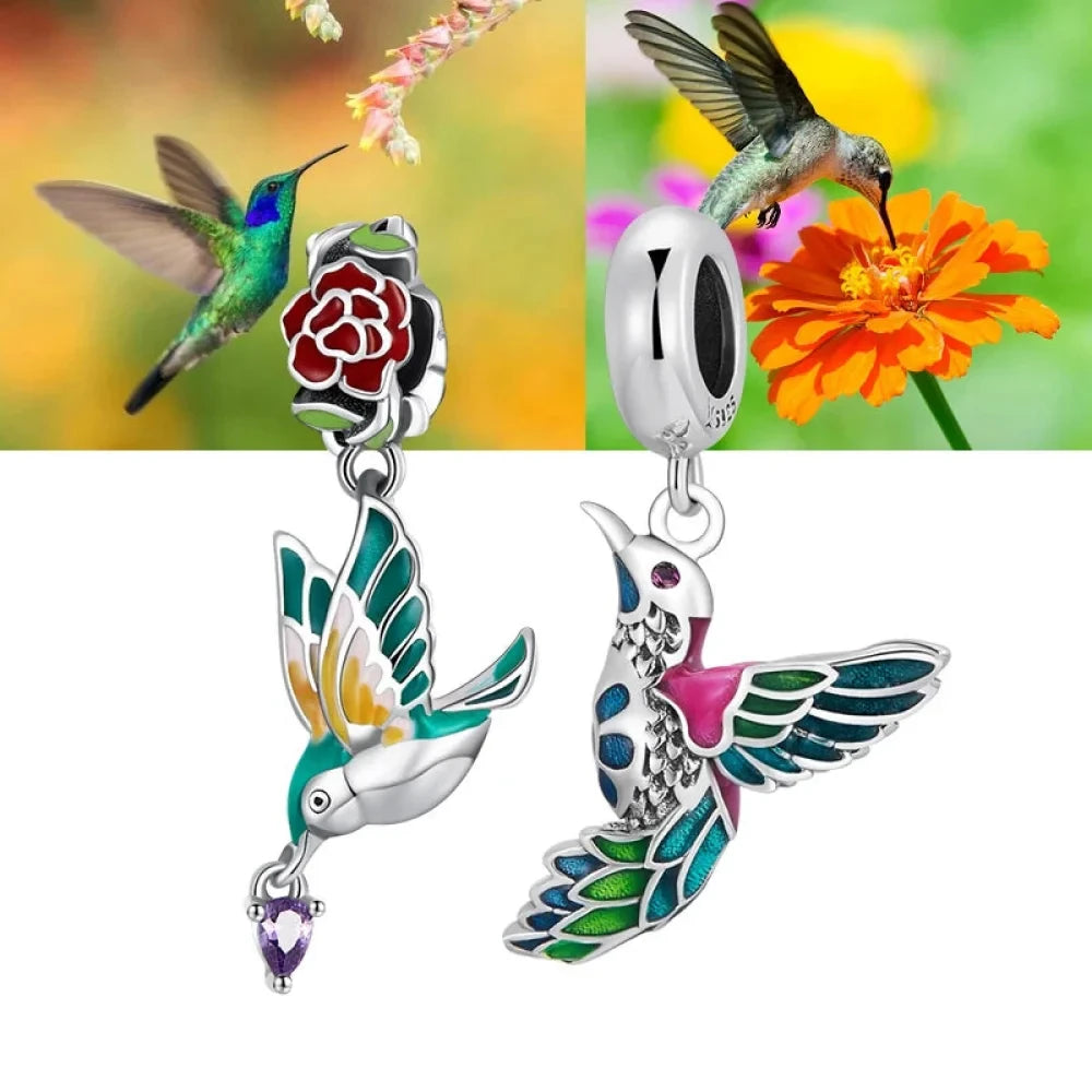 Springtime Charm - Sterling Silver Flower & Bird Pendant for Bracelets - Charms
