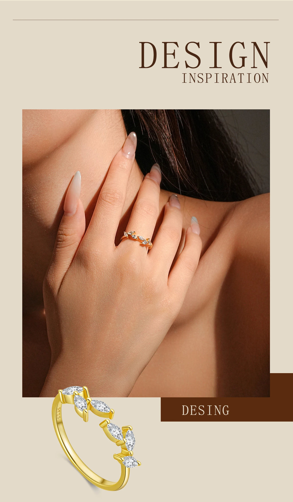 Close-up of a hand wearing a gold ring with a beige background and text 'DESIGN INSPIRATION'.