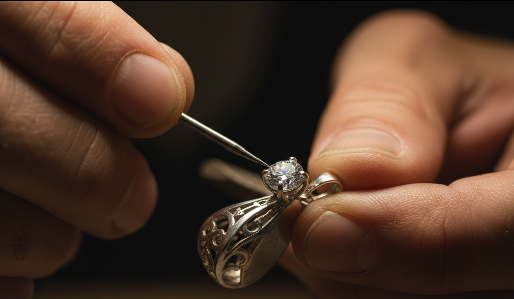 Close-up of hands holding a diamond ring with intricate design.