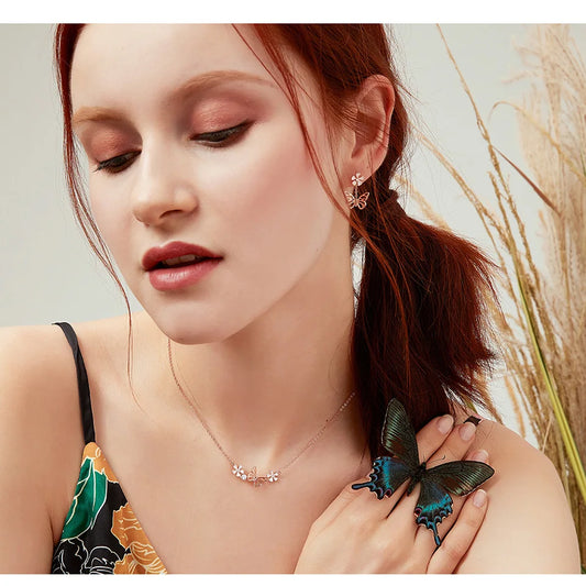 Delicate Beauty: Korean Style 925 Sterling Silver Butterfly and Flower Choker Necklace - Necklaces