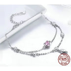 Double Layered Sterling Silver Bracelet With Pink Cz Hearts Sweet And Stylish Bracelets