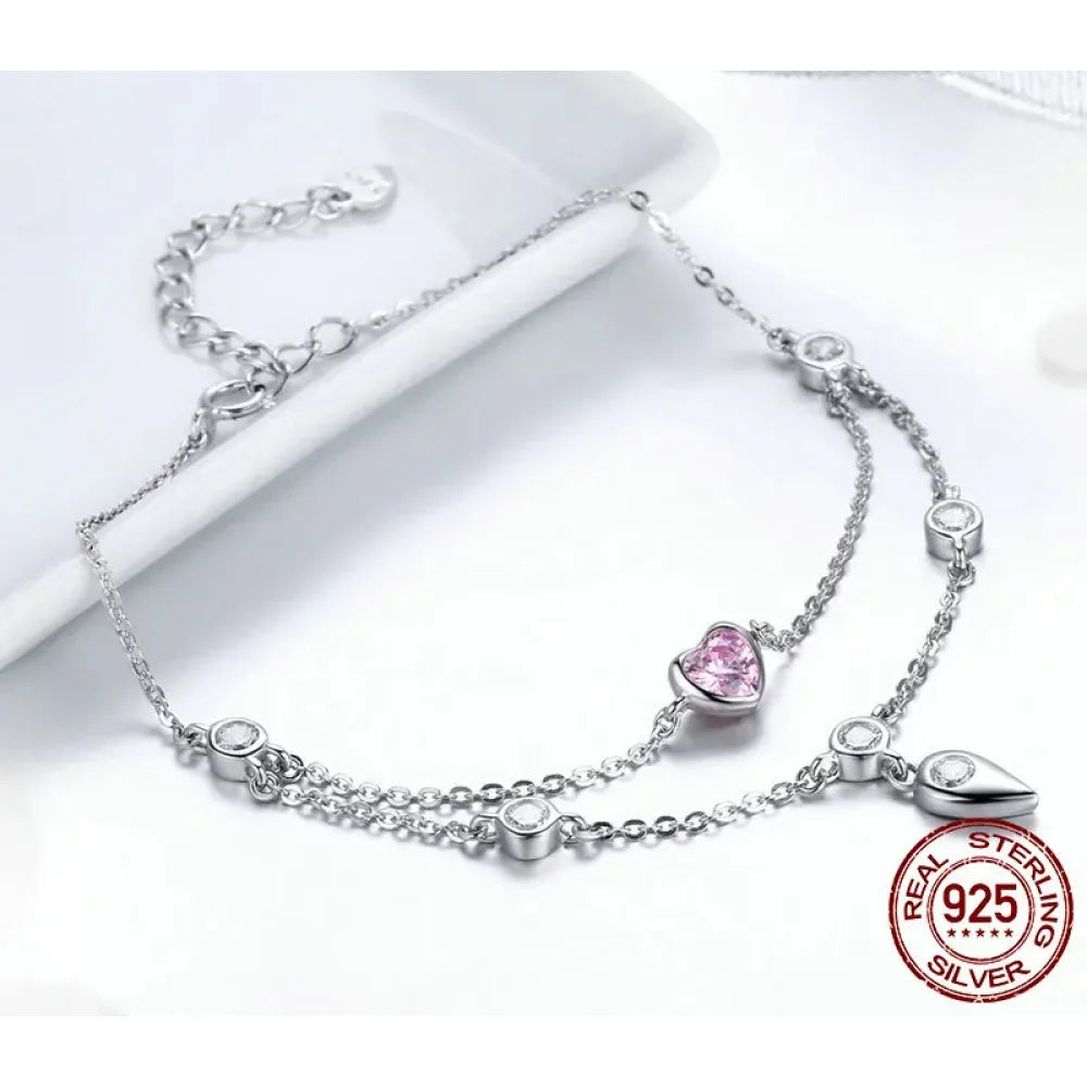 Double Layered Sterling Silver Bracelet with Pink CZ Hearts - Sweet and Stylish - Bracelets