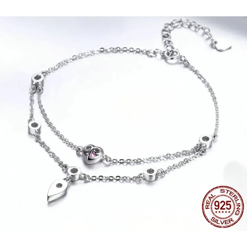 Double Layered Sterling Silver Bracelet with Pink CZ Hearts - Sweet and Stylish - Bracelets