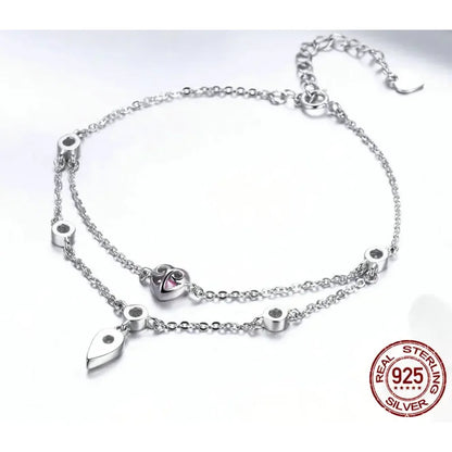 Double Layered Sterling Silver Bracelet with Pink CZ Hearts - Sweet and Stylish - Bracelets