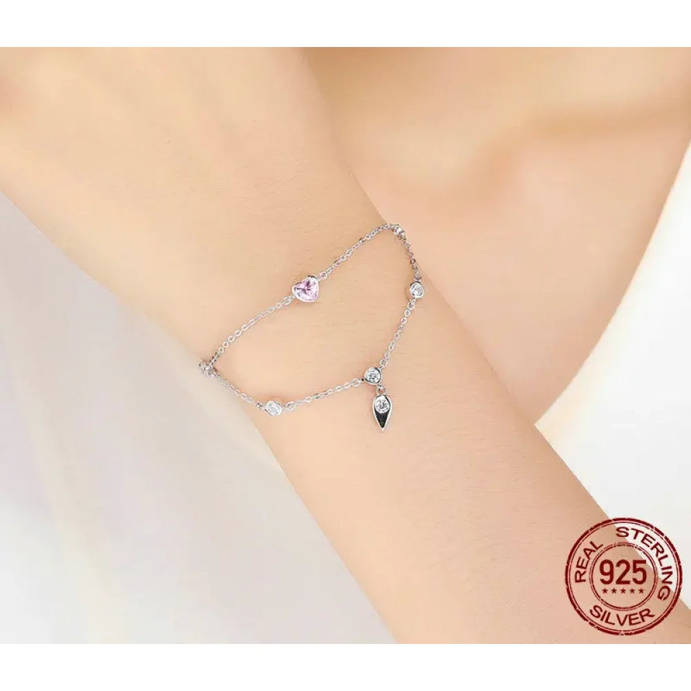 Double Layered Sterling Silver Bracelet with Pink CZ Hearts - Sweet and Stylish - Bracelets