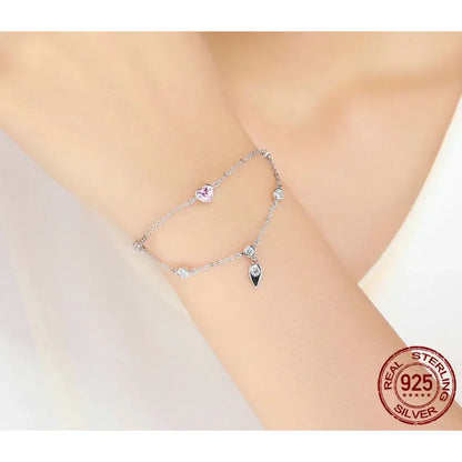 Double Layered Sterling Silver Bracelet with Pink CZ Hearts - Sweet and Stylish - Bracelets