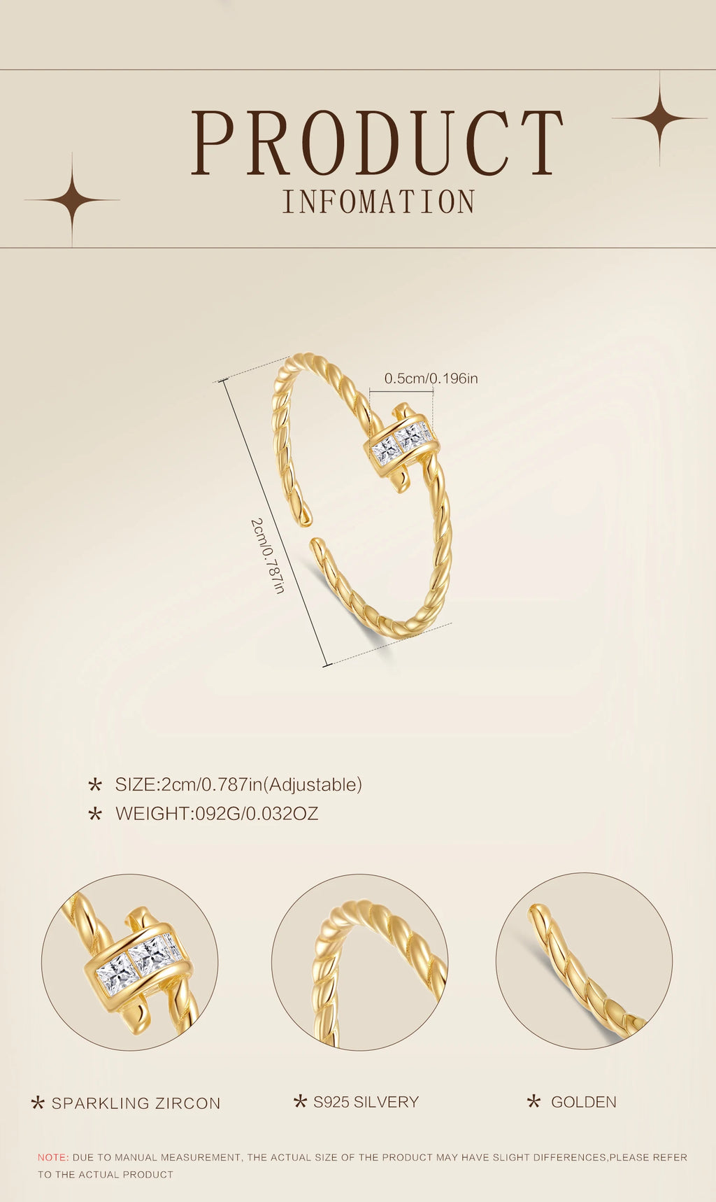 Gold bracelet with zirconia stones on a beige background, featuring product information text.
