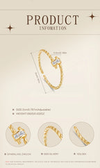 Gold bracelet with zirconia stones on a beige background, featuring product information text.