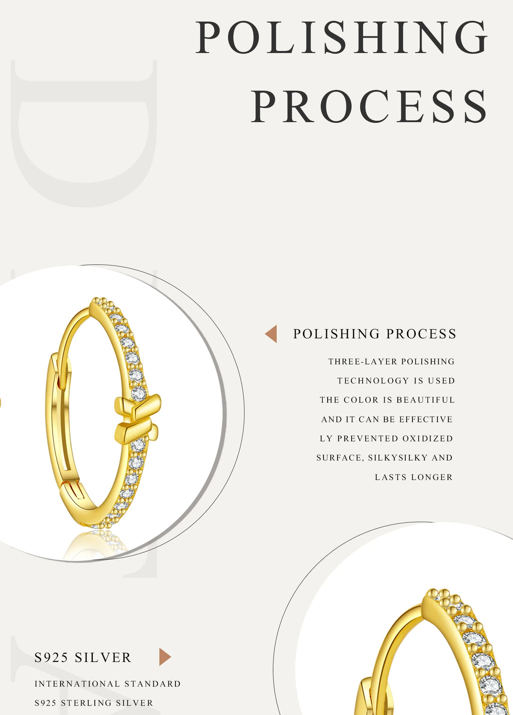 Gold earring with diamonds on a white background with text about polishing process.