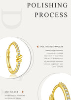 Gold earring with diamonds on a white background with text about polishing process.