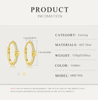 Gold earrings with product information on a white background