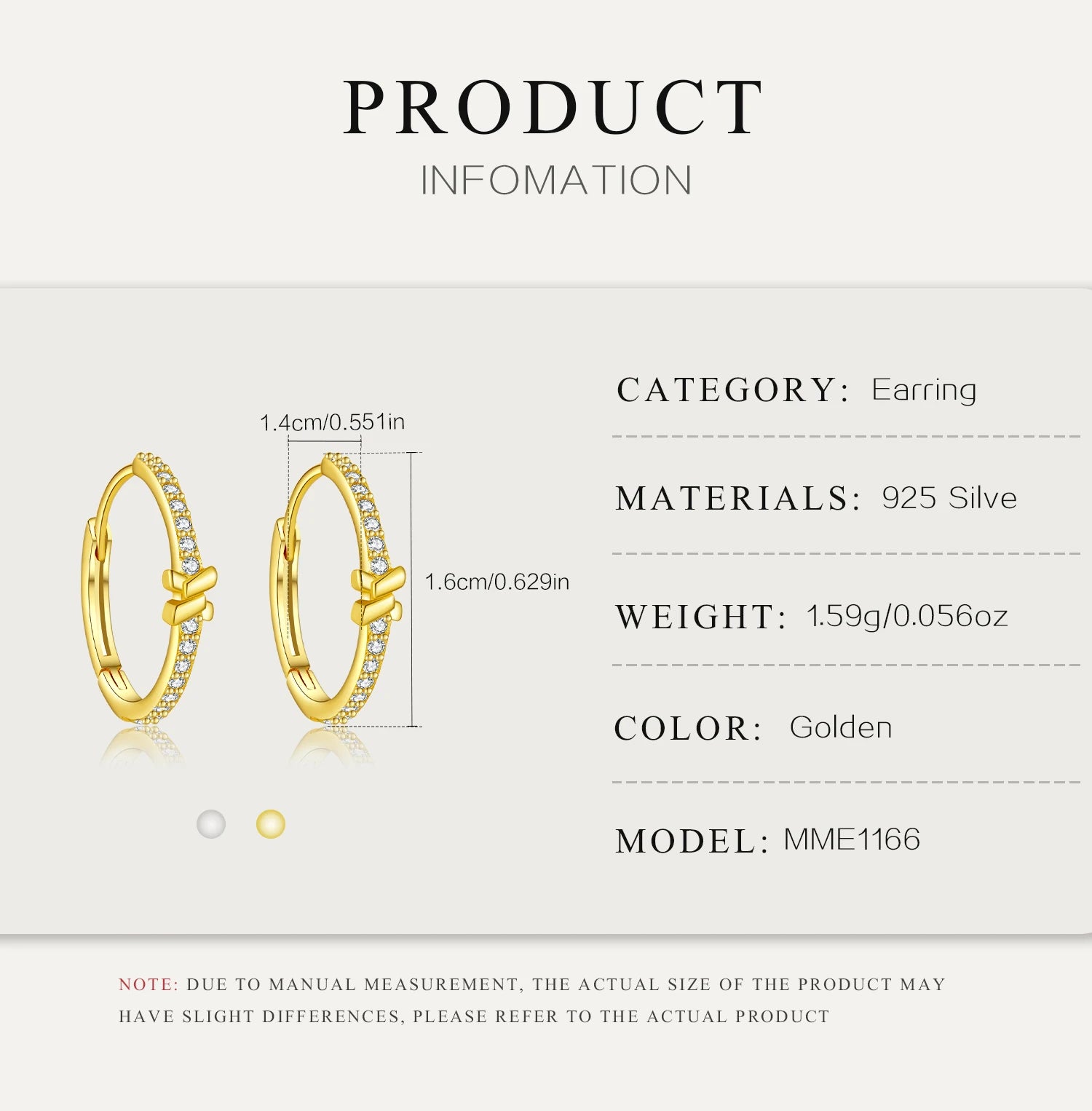 Gold earrings with product information on a white background