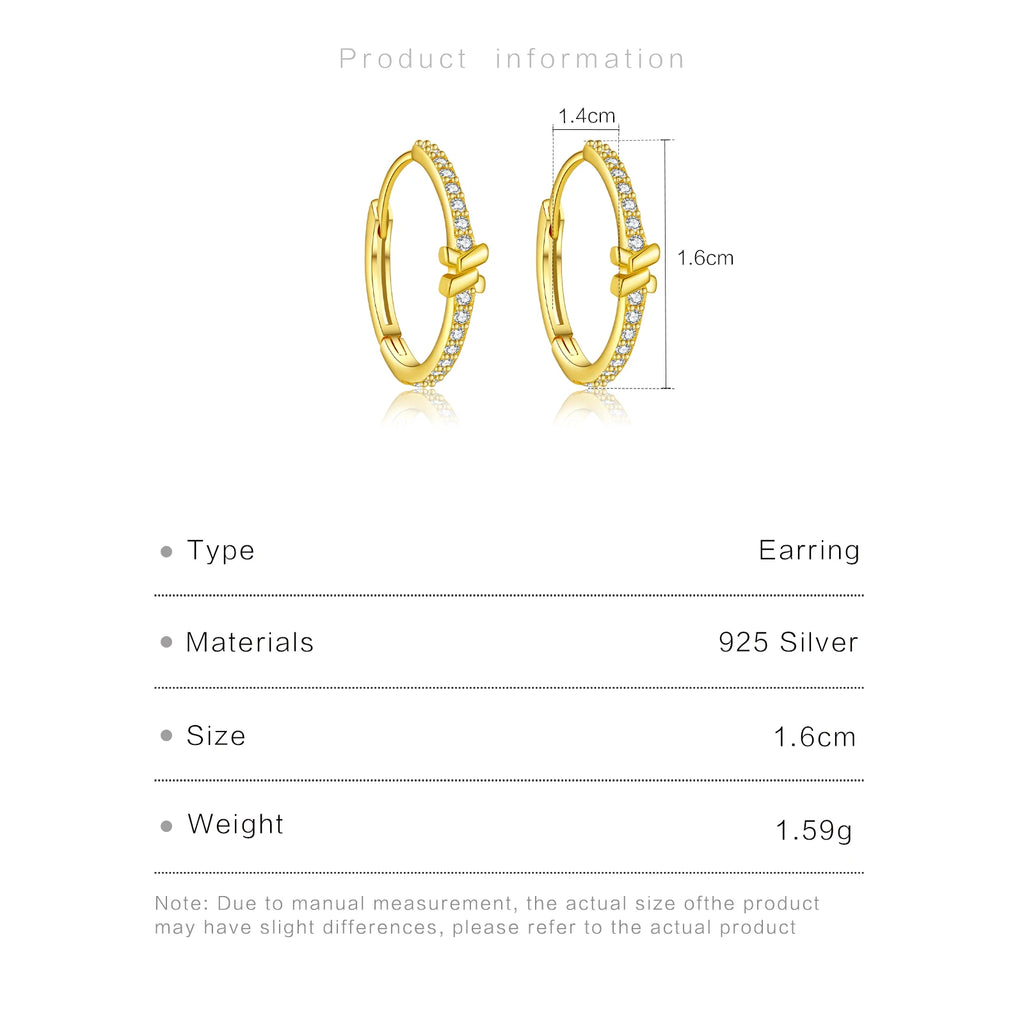 Gold hoop earrings with measurements and product details on a white background