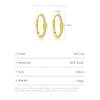 Gold hoop earrings with measurements and product details on a white background
