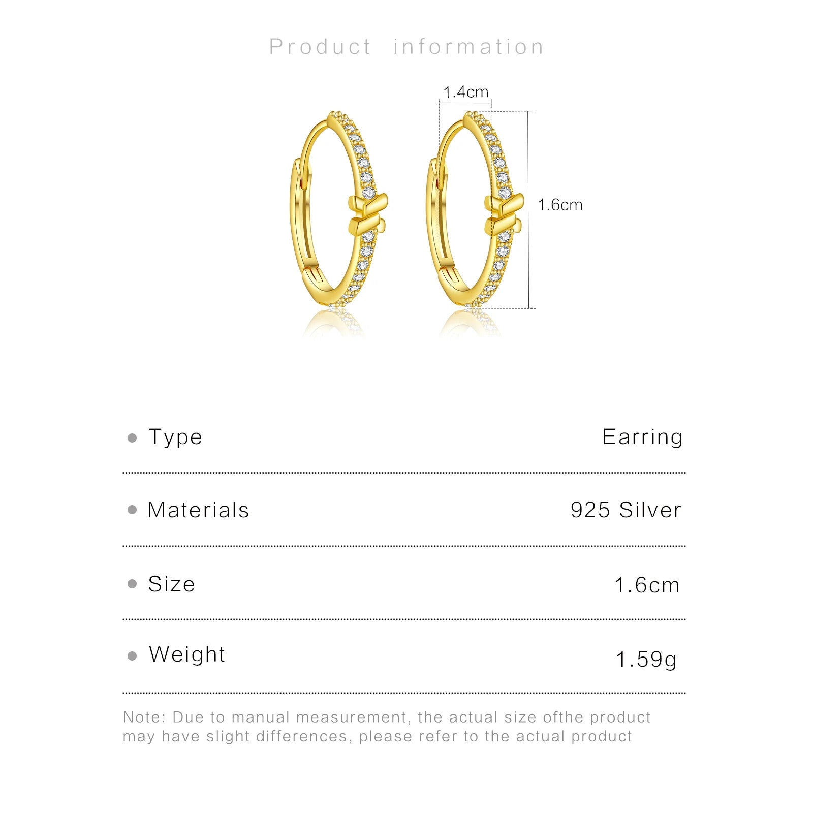 Gold hoop earrings with measurements and product details on a white background
