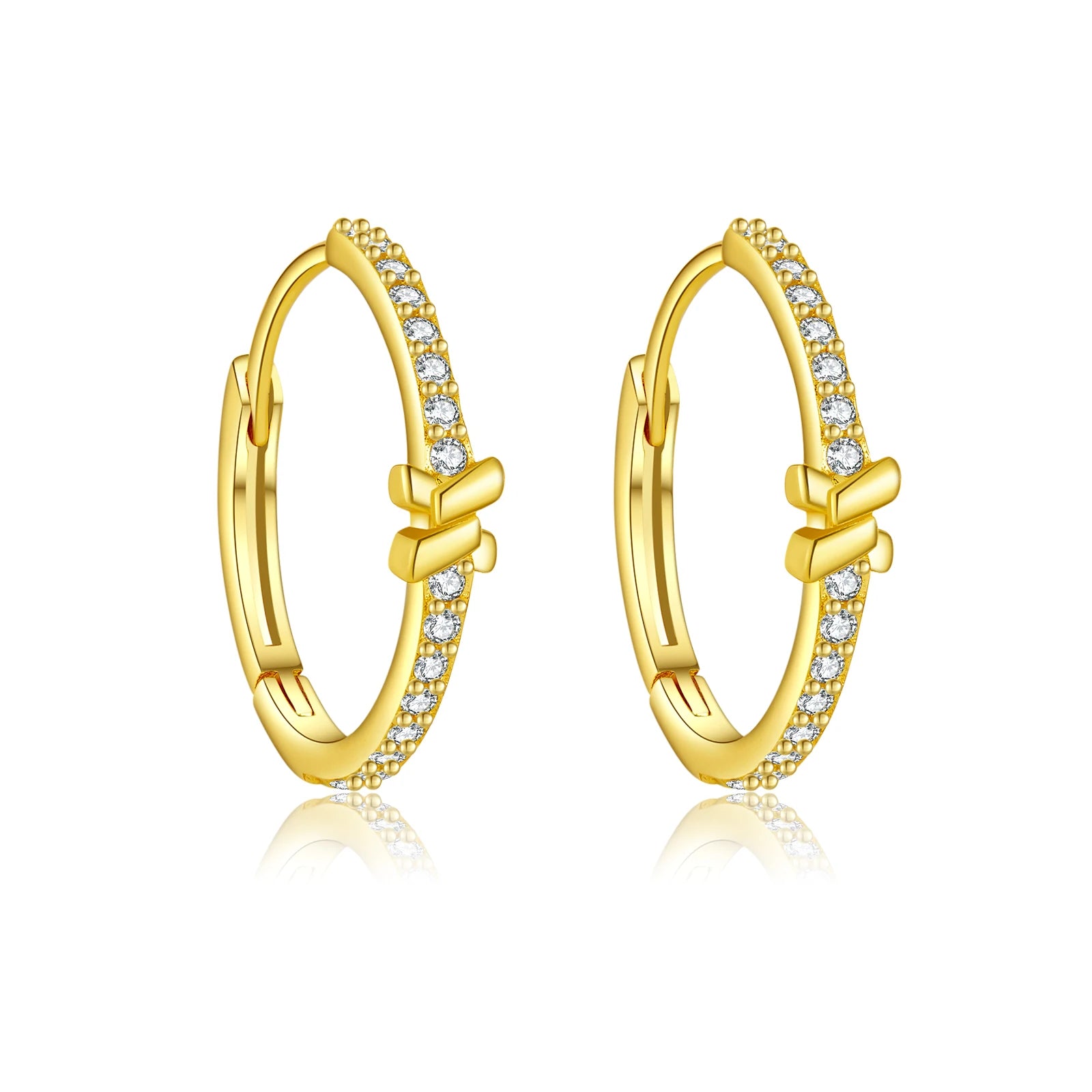 Gold hoop earrings with small diamonds on a white background