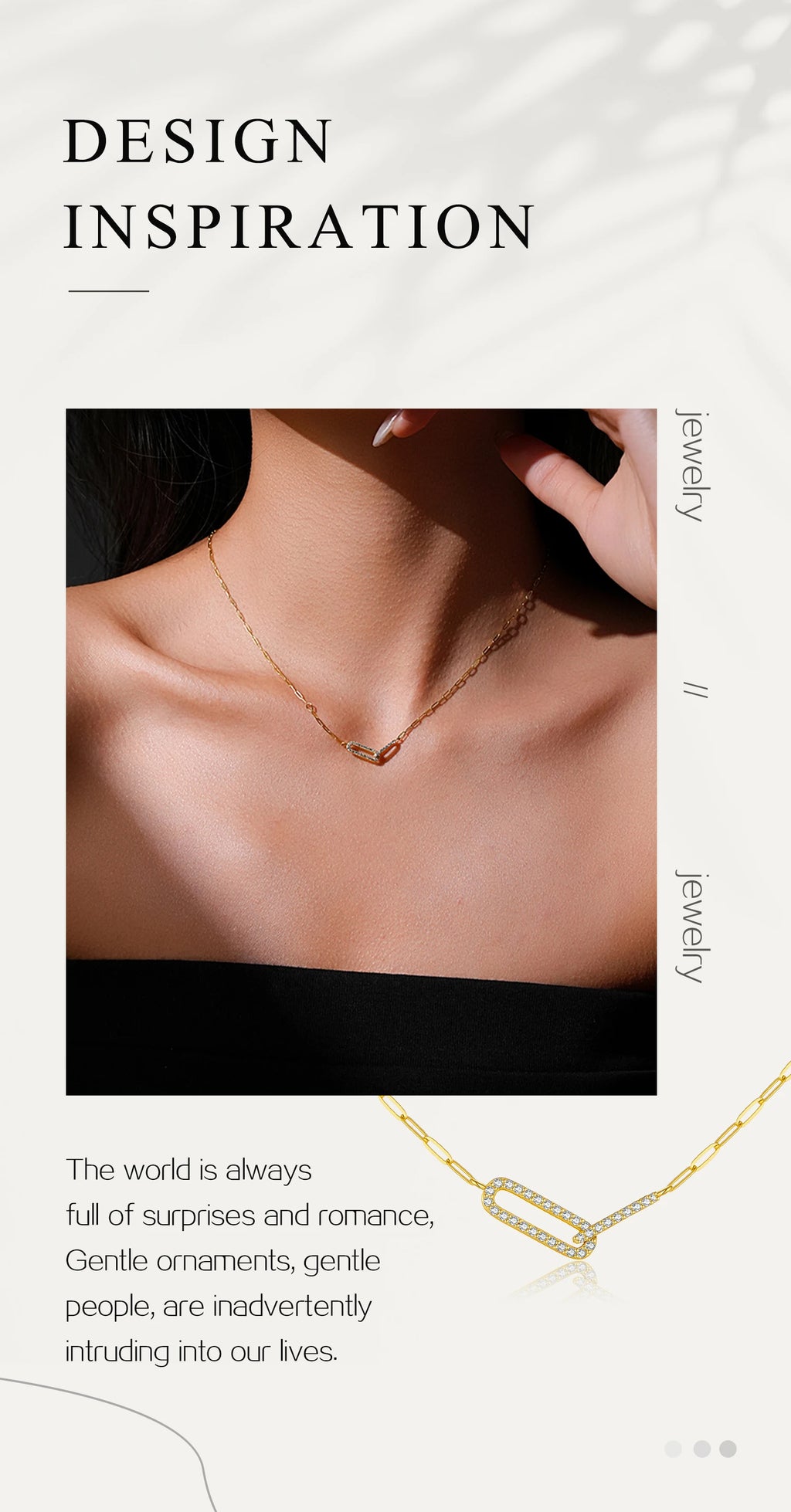 Gold necklace on a mannequin with text about design inspiration and surprises.