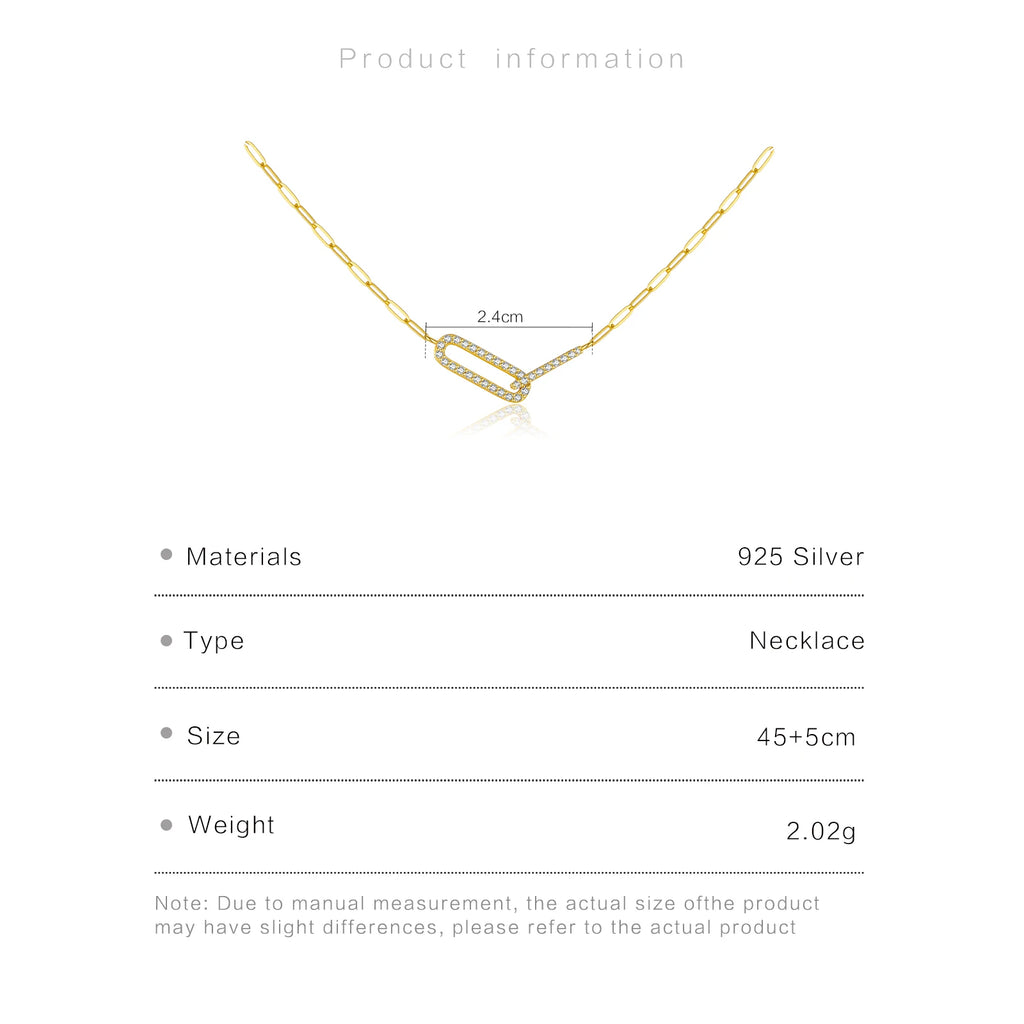 Gold necklace with measurement details on a white background