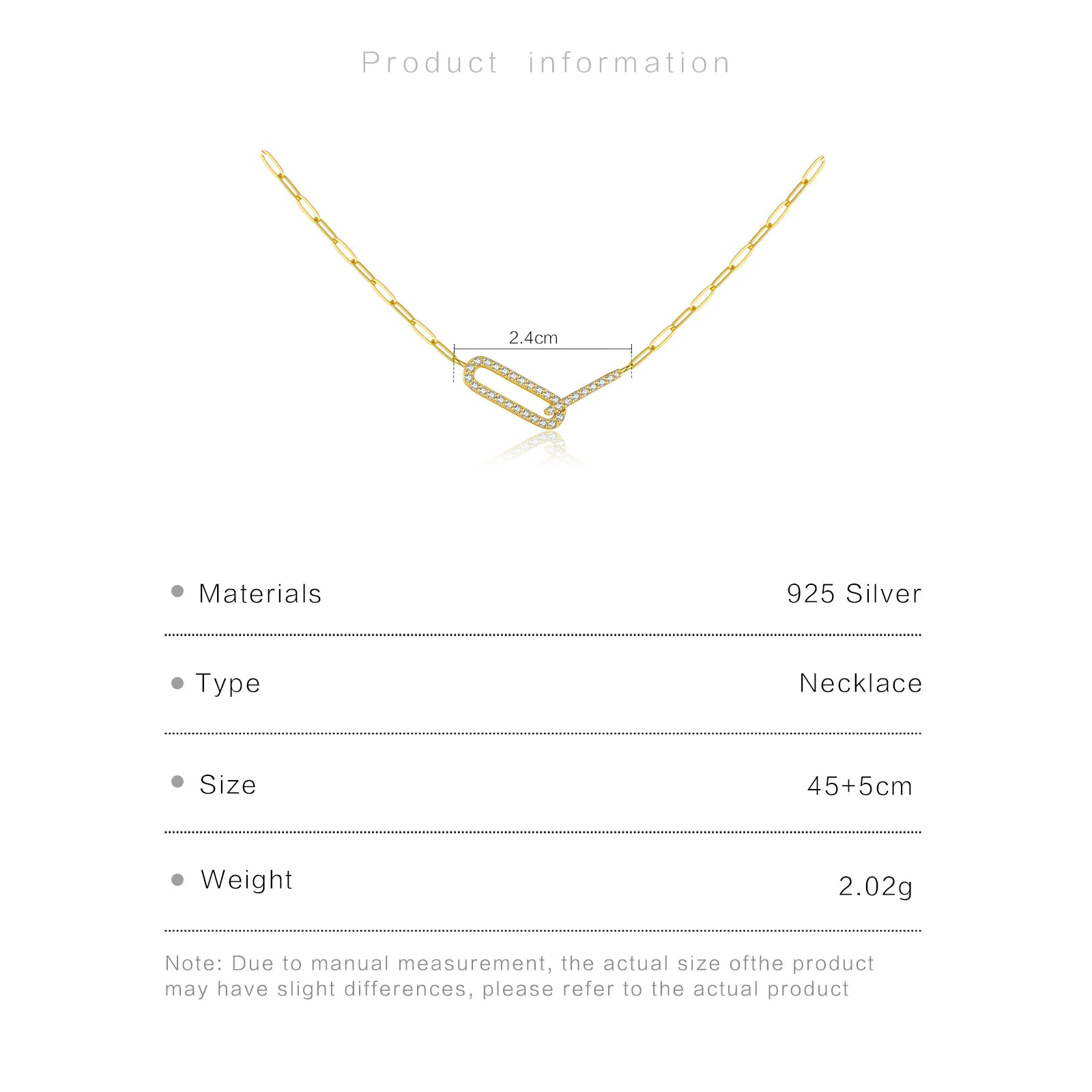 Gold necklace with measurement details on a white background