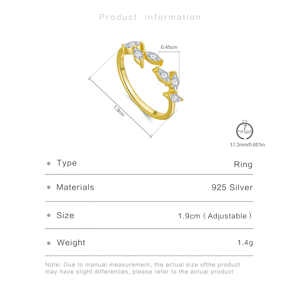 Gold ring with diamonds and product information on a white background