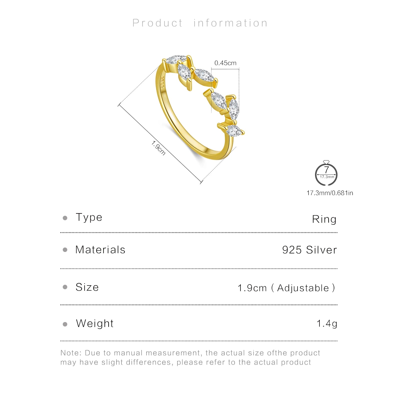 Gold ring with diamonds and product information on a white background