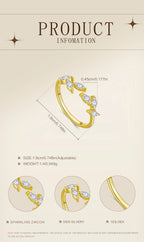 Gold ring with zirconia stones on a beige background with product information text.