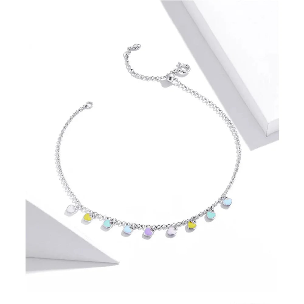 925 Sterling Silver Enamel Heart Pendant Chain Anklet for Women | Summer Foot Bracelet jewellery - Anklets
