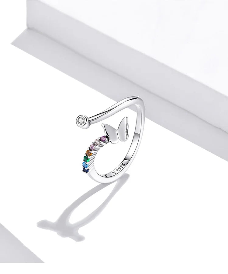 925 Sterling Silver Rainbow Butterfly Ring for Women - Adjustable Open with Colorful Zircon Stones - Rings