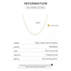 Authentic Gold Color 925 Sterling Silver Basic Cable Chain Necklace Sca016 Necklaces