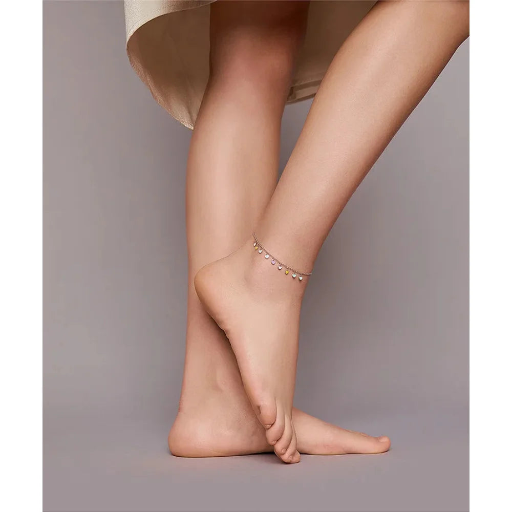 925 Sterling Silver Enamel Heart Pendant Chain Anklet for Women | Summer Foot Bracelet jewellery - Anklets