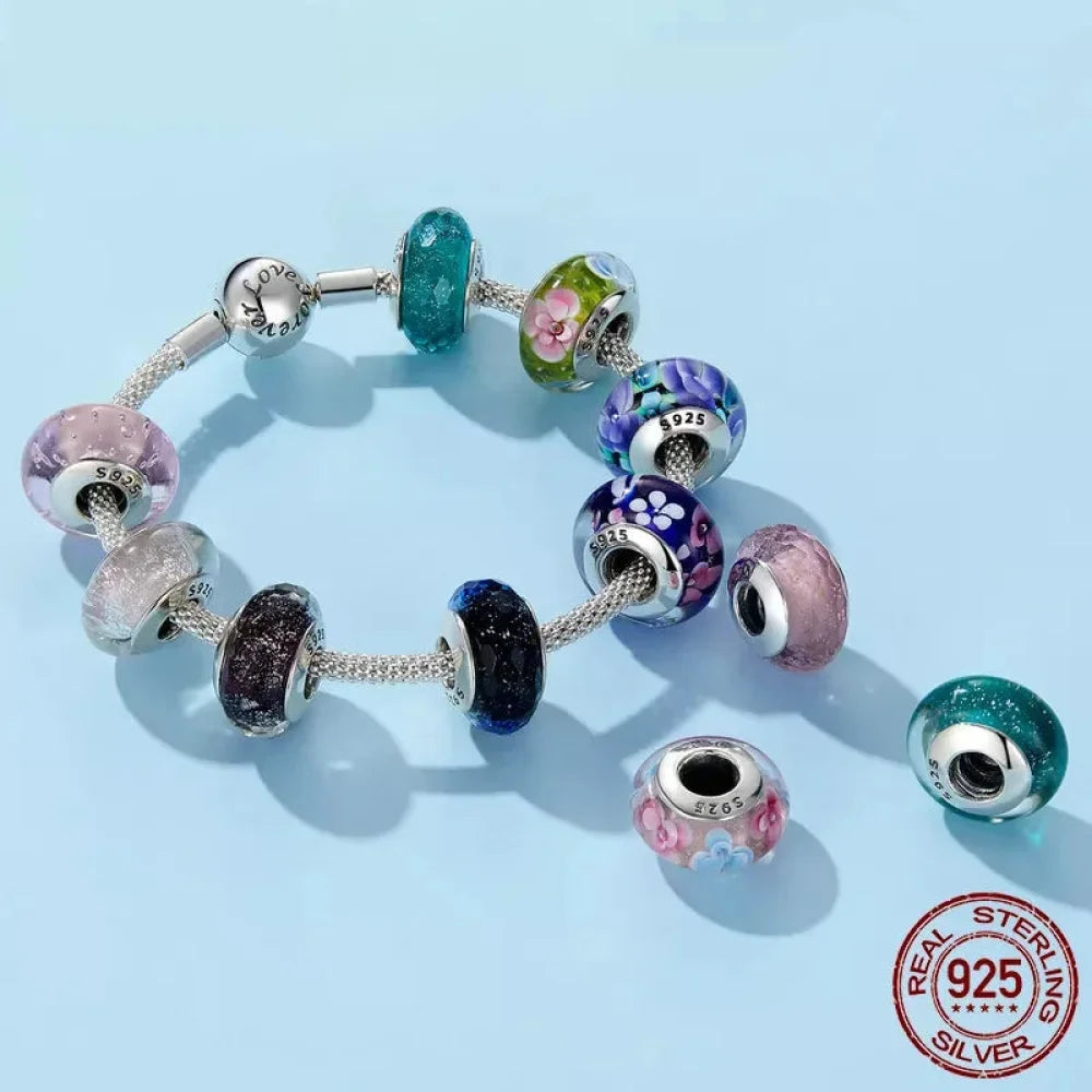925 Sterling Silver Pink Flower Murano Glass Beads - DIY Bracelet Charms for a Festive Touch (SCZ001) - Bead