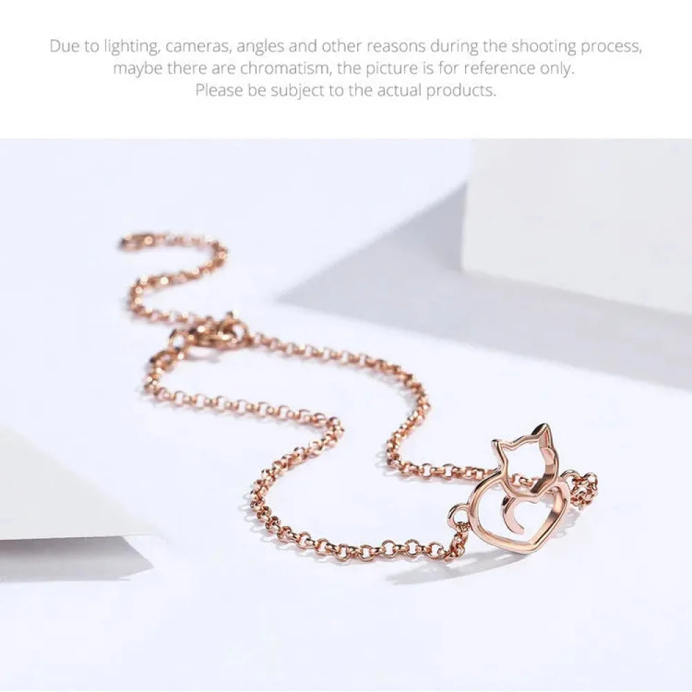 925 Sterling Silver Cat & Heart Link Chain Bracelets | Authentic jewellery Gift in 3 Colors