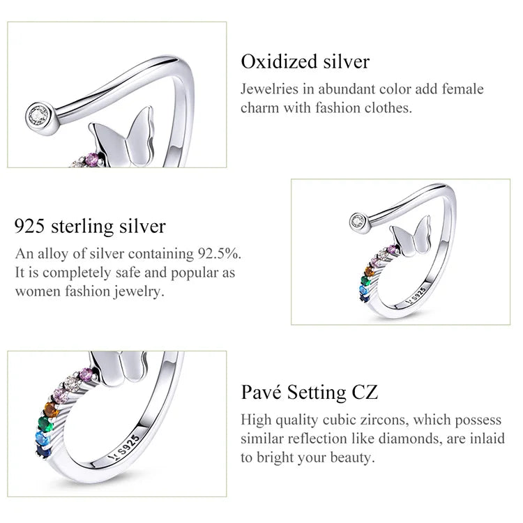 925 Sterling Silver Rainbow Butterfly Ring for Women - Adjustable Open with Colorful Zircon Stones - Rings