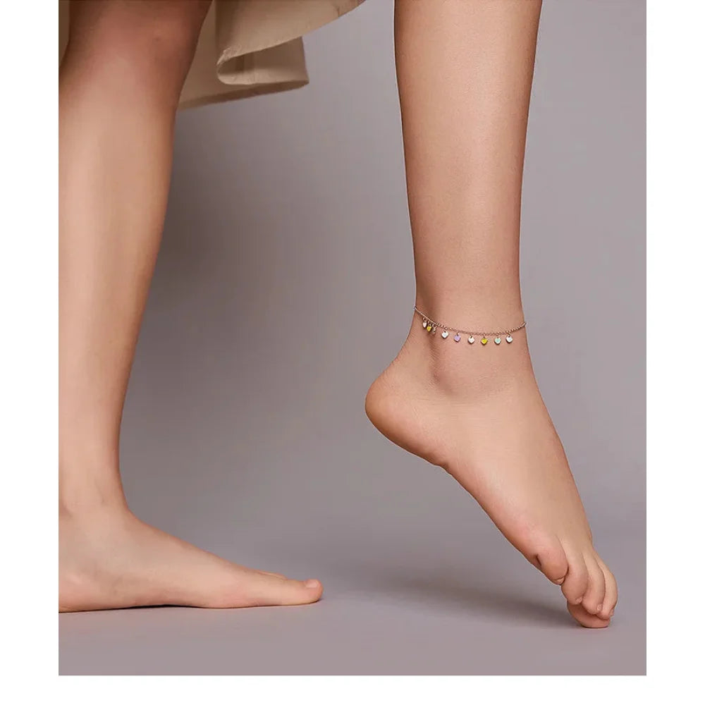 925 Sterling Silver Enamel Heart Pendant Chain Anklet for Women | Summer Foot Bracelet jewellery - Anklets