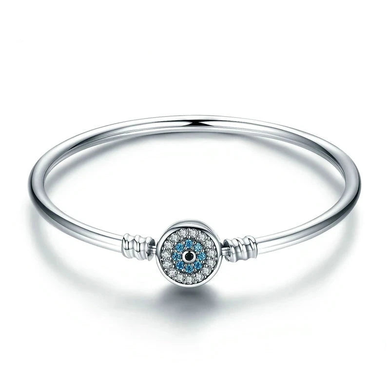 Protective Blue Evil Eye Sterling Silver Bracelet Bangle - Bracelets