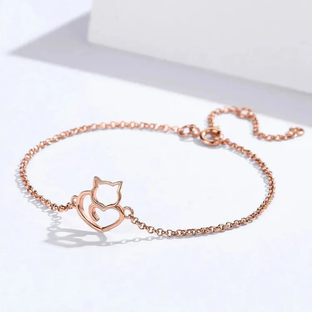925 Sterling Silver Cat & Heart Link Chain Bracelets | Authentic jewellery Gift in 3 Colors