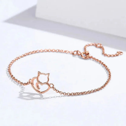 925 Sterling Silver Cat & Heart Link Chain Bracelets | Authentic jewellery Gift in 3 Colors