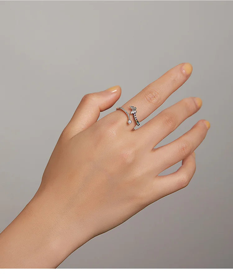 925 Sterling Silver Rainbow Butterfly Ring for Women - Adjustable Open with Colorful Zircon Stones - Rings