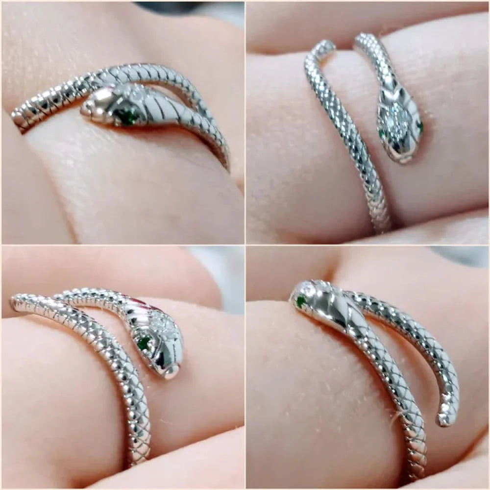 925 Sterling Silver Adjustable Snake Ring with Green Zircon - Fashion jewellery in 4 Colors - Rings