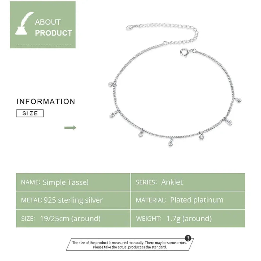 Authentic 925 Sterling Silver Minimalism Tassel Chain Anklet for Women - Anklets