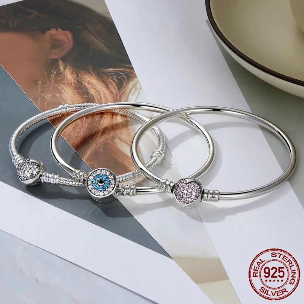 925 Sterling Silver Snake Chain Bangle & Bracelet Pave Setting CZ for Women Pendant Charm Bead DIY Luxury jewellery