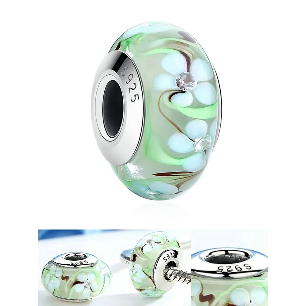 925 Sterling Silver Pink Flower Murano Glass Beads - DIY Bracelet Charms for a Festive Touch (SCZ001) - Bead