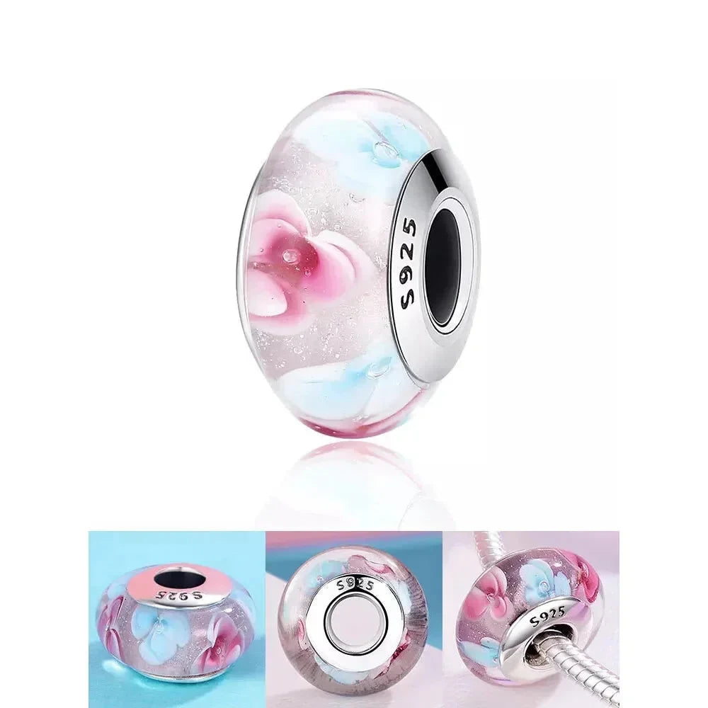 925 Sterling Silver Pink Flower Murano Glass Beads - DIY Bracelet Charms for a Festive Touch (SCZ001) - Scz056 - Bead