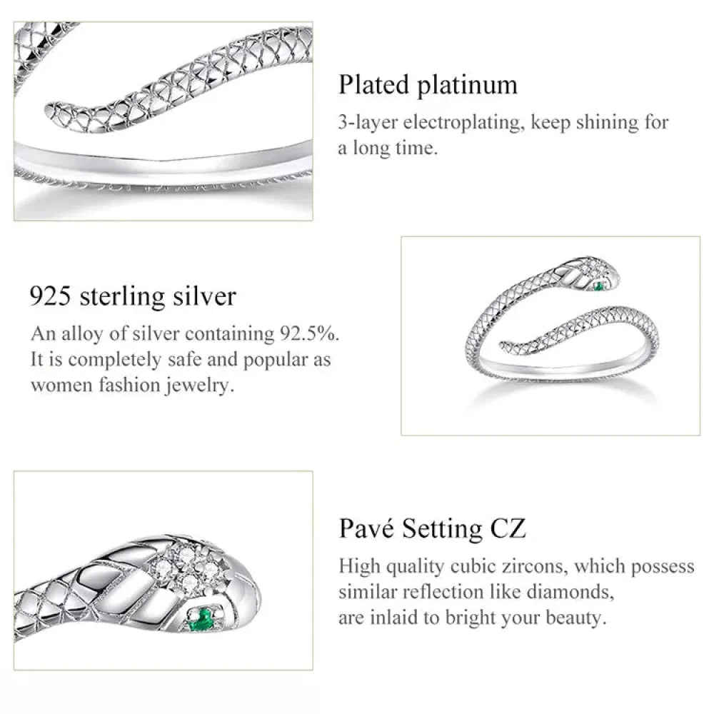925 Sterling Silver Adjustable Snake Ring with Green Zircon - Fashion jewellery in 4 Colors - Rings