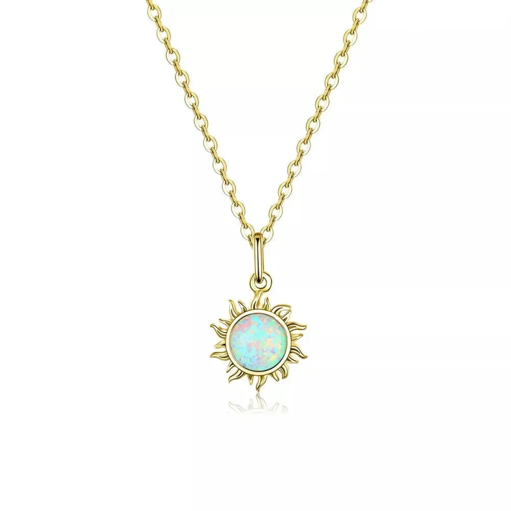 925 Sterling Silver White Opal Sun Pendant Necklace - Apollo Chain for Women - Gold Plated - Necklaces